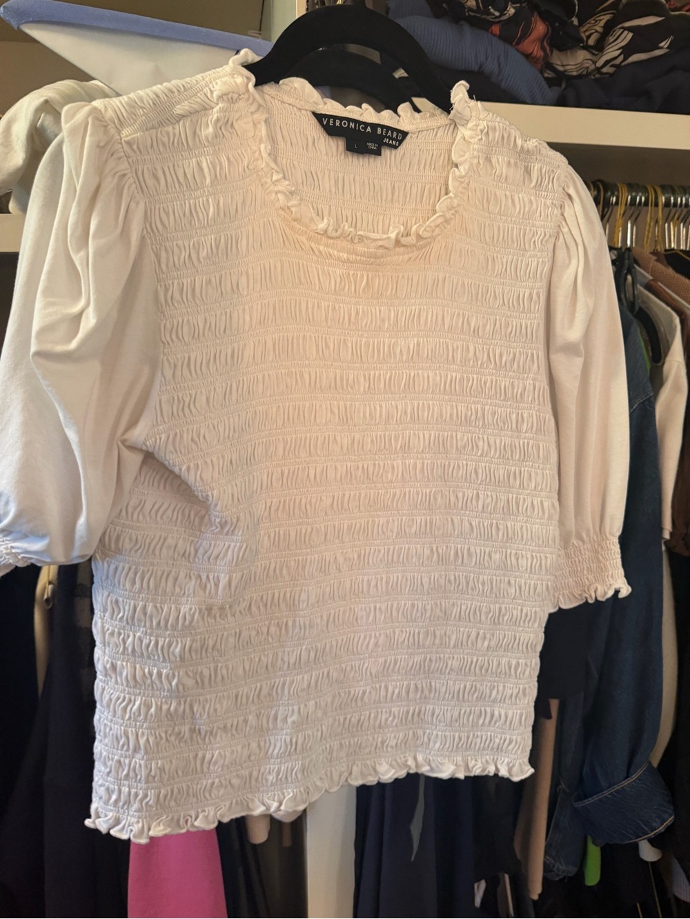 Veronica Beard Cream Smocked Ruffle-Neck Puff Sleeve Top